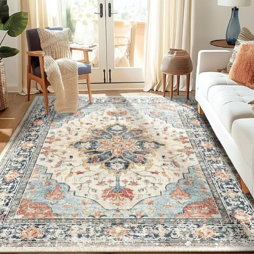 New 5x7 Vintage Floral Rug, Washable Non-Slip Medallion Carpet in Beige & Blue